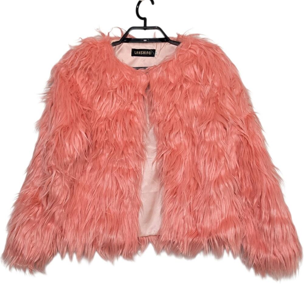 Lanshifei Faux Fur Pink Coat Hook Closure Size Small S Lined Long Sleeves